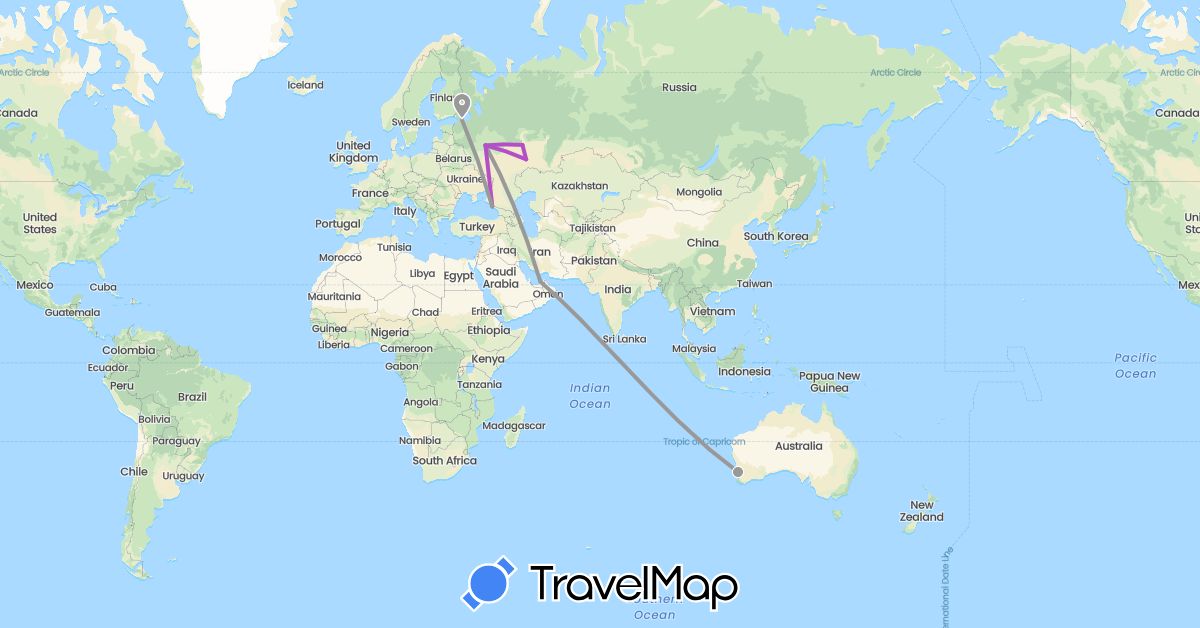 TravelMap itinerary: plane, train in United Arab Emirates, Australia, Russia (Asia, Europe, Oceania)